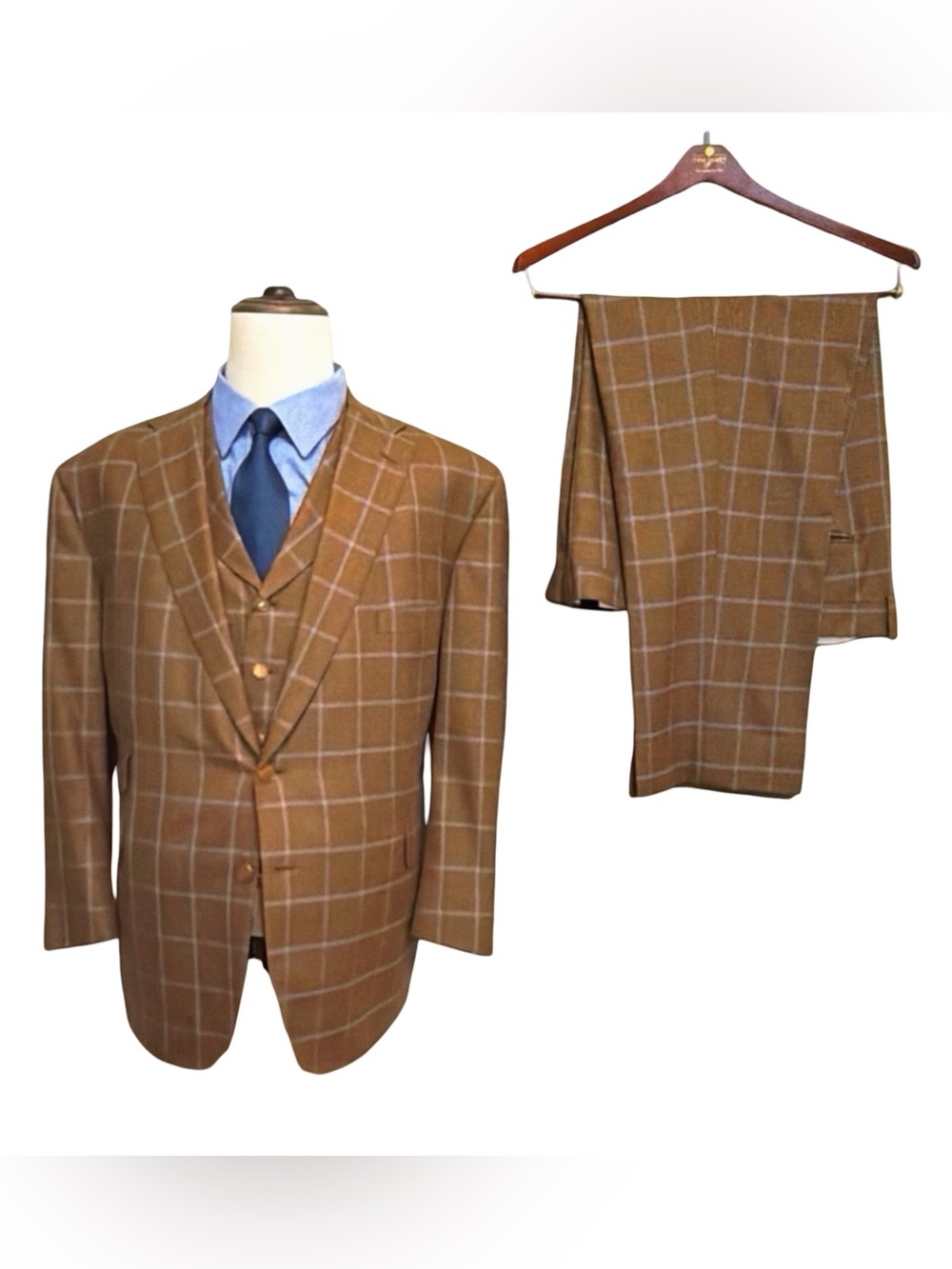 Tom James Custom 3-Piece Suit | Windowpane | Gold Buttons | Classic Tailored